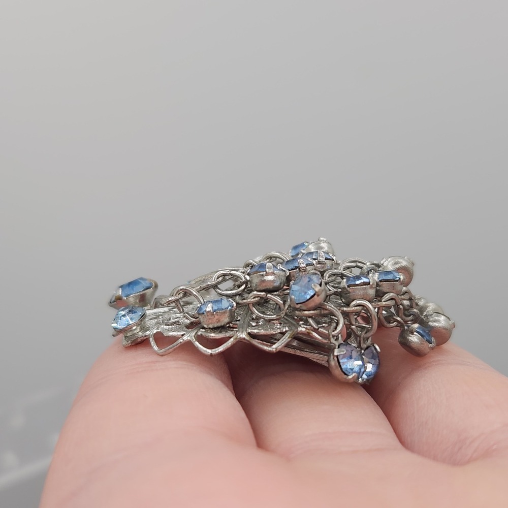 Vintage Sky Blue Rhinestone Silver Filigree Waterfall Clip On Earrings RetroGlam - Picture 5 of 10